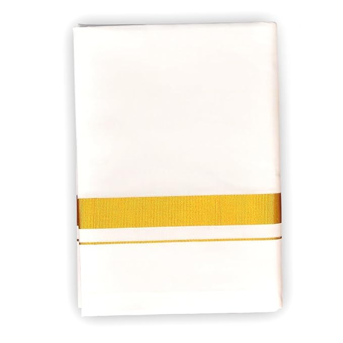 Sri Vijaylakshmi Textiles King Premium Cotton Dhoti, 4 Metres, White with Border, Double Layer with Gold jari Border(4metres)