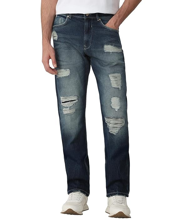 MUFTI Men Jeans | Loose Fit Distressed Ripped Design with Heavy Fading & Whiskering | 100% Cotton Non-Stretch Denim for Casual & Streetwear Style