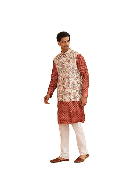 SOJANYA (Since 1958 Men's Cotton Linen Maroon Kurta and White Pyjama with Mustard Cotton Nehru Jacket