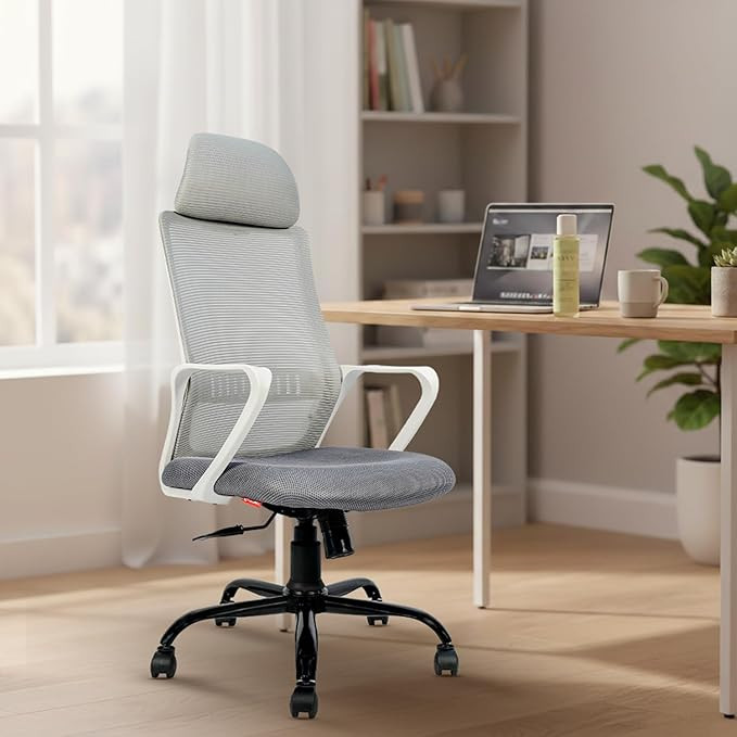 CELLBELL Desire Pro High Back Ergonomic Mesh Office Chair with Lumbar Support Adjustable Height Revolving Computer Study Chair Metal Base 360 Swivel Breathable Back Work from Home Chair (White)