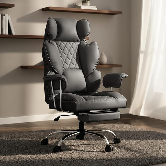 DROGO Ergonomic Office Chair for Work from Home 400LBS, PU Leather Computer Chair for Study with High Back, Cushion Seat, Armrest, Head & Lumbar Support | Gaming Chair with Footrest & Recline (Grey)