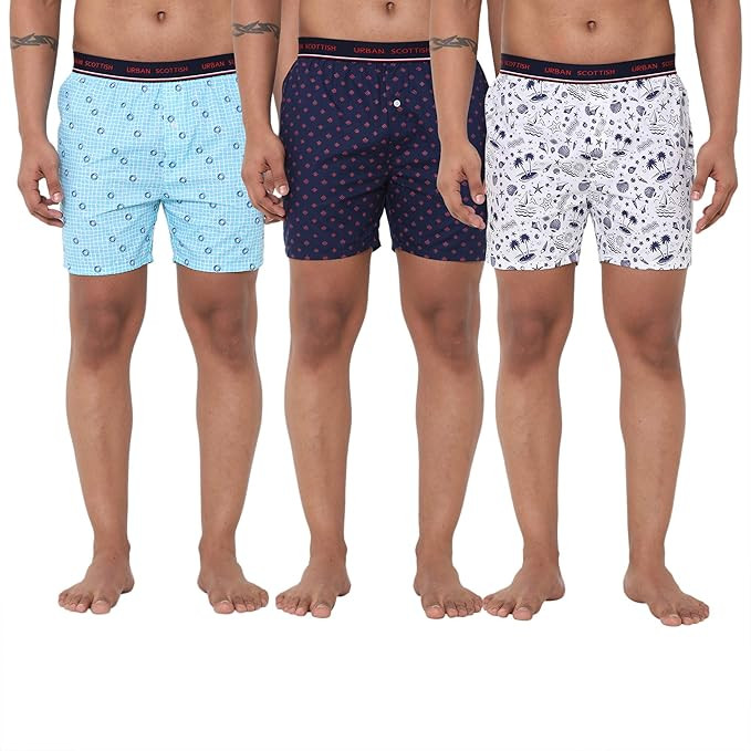 Urban Scottish Ultra-Comfortable Men's Boxer Pants (Pack of 3) - 100% Cotton Material with A Stylish Print - Soft and Stretchy Elastic Waist Band - Dynamic Movement and Hardwearing Stitching