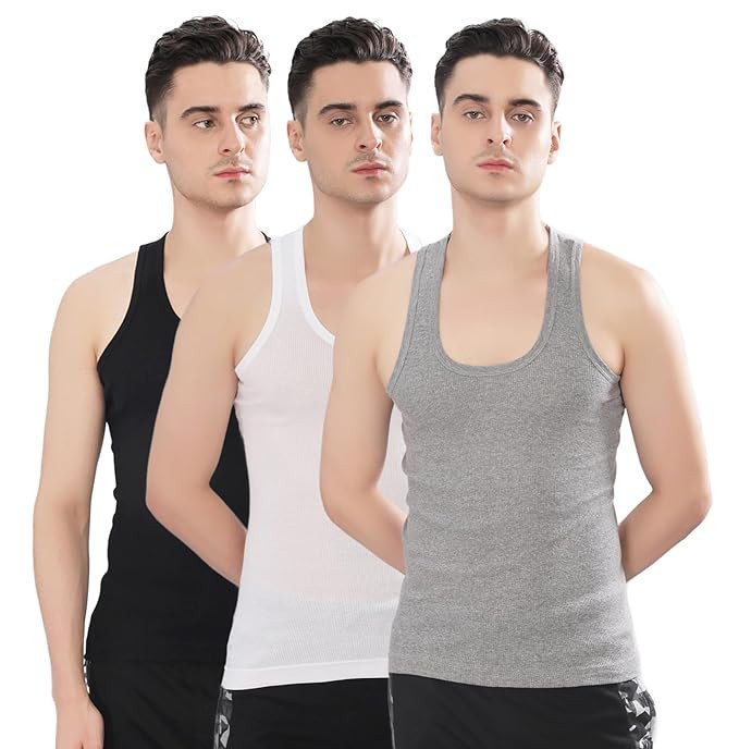 Dollar Bigboss Men's White Pack of 3 Solid Cotton Regular Vest