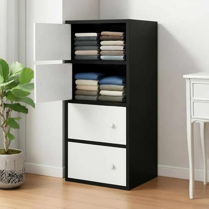 LERIMO Wooden Wardrobe Almirah for Bedroom & Kids – 4 Door Clothes Storage Cupboard | Wooden Wardrobe Cabinet for Clothes, Toys & Accessories | Modern Storage Almirah (Black, 4-Door)