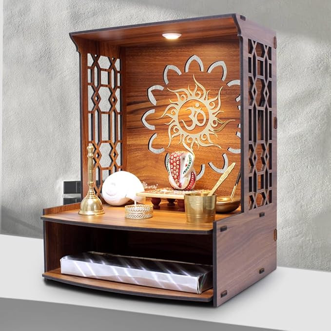 Heartily® Mangal Beautiful Wooden Pooja Stand for Home, Temple, Office, Wall Mounted Puja Mandir with LED Spot Light, Size (H- 15.5, L- 11.5, W-11 Inch)
