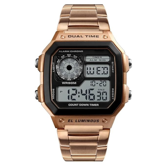 Shocknshop Digital Sports Square Black Dial Stainless Steel Strap Unisex Watch (Black Dial & Silver Colored Strap) -WCH53