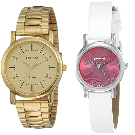 Sonata Leather Men's and Women's Analog Couple's Watch (77049Ym01C +Nk8976Sl03W) | Rakshabandhan Gifts, Champagne, Gold-White