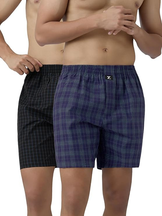 XYXX Men's Checkmate Relaxed Fit Cotton Boxer Shorts with Dual Pocket & No Marks Waistband (Pack of 2)