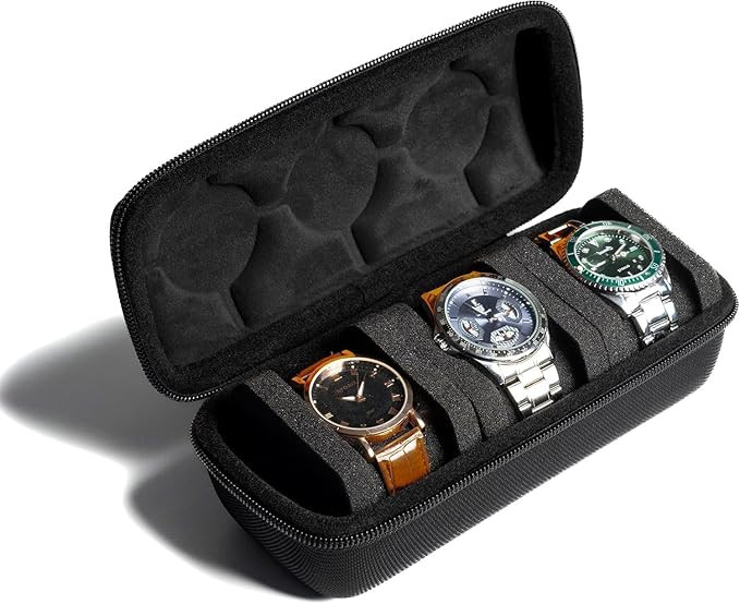 Zollyss Watch Box Organiser | 3-Slot Watch Storage Box with Soft Pillows | Hard Watch Travel Case Bag | Watch Organizer for Men & Women (Black)