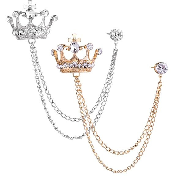 2 Pcs Brooch for Men, Crown Design Suit Accessories with Chains and Tassels, Elegant Lapel Pin for Formal Events and Corporate Gifting, Alloy Material (Gold + Silver)