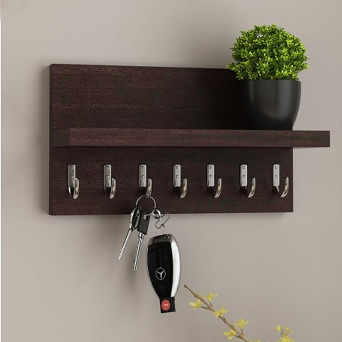 Sheesham Wood Key Stand for Wall | Wooden Key Holder for Home | Key Hanger | Home Decorative Keychain Holder with 7 Hooks (Walnut Finish)