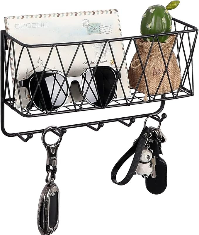 CentraLit Stylish Metal Key Holder with Mobile Stand for Home Decor | Wall Mount Organiser with Shelf & Hooks | Modern Entryway Organizer for Keys, Mail 5 Hook Key Holder for Wall