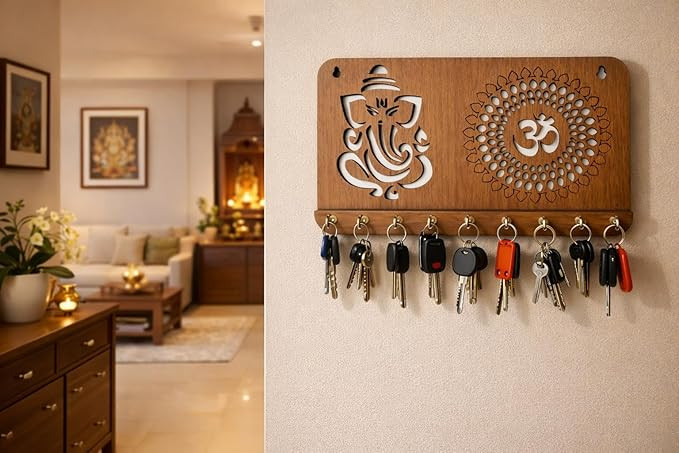 Ganesha Om Chakra Key Holder for Home Decor Items | Stylish Key Hanger Wall Mounted Decoration | Handicraft Key Chain Stand | Wooden Keychain Hangers for Office | Wood Keys Organizer