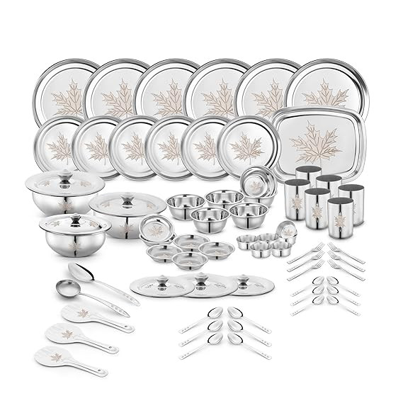 Classic Essentials Stainless Steel Dinner Set | Heavy Gauge Stainless Steel Dinner Set | Kitchen Set for Home | Maple Lazer Design Dinner Set | Shagun Set | Bartan Set, Set of 68