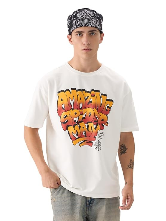The Souled Store Official Spider-Man: Amazing Spiderman Men and Boys Short Sleeve Round Neck White Graphic Printed Cotton Oversized T-Shirts