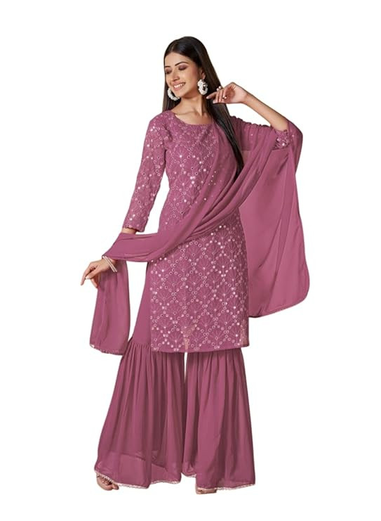Women Beautiful Georgette sequence Embroidery Kurti sharara & Georgette Dupatta 3/4 Sleeve||Stylish Comfortable Ethnic Wear Salwar Suits for Womens