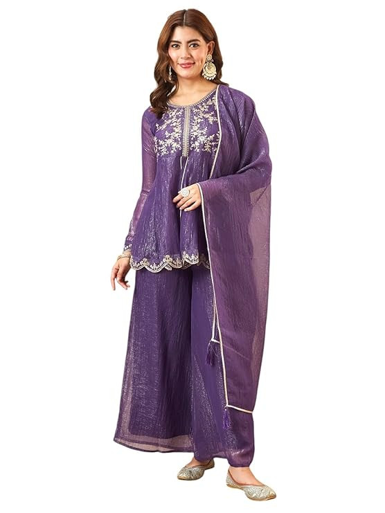 MOKOSH Women's Silk Embroidered Peplum Sharara Set with Dupatta | Ethnic Suit Sharara Set for Haldi and Wedding