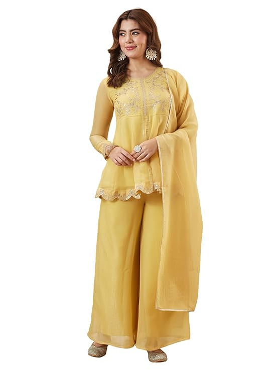 MOKOSH Women's Silk Embroidered Peplum Sharara Set with Dupatta | Ethnic Suit Sharara Set for Haldi and Wedding