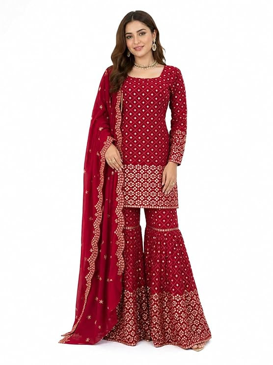 DrapeStore Red Women's Faux Georgette Kurta Sharara Set with Dupatta Perfect for Weddings, Festive Events, Parties, and Traditional Functions M = 38'' Bust Sharara - Free Size upto 42 Inches