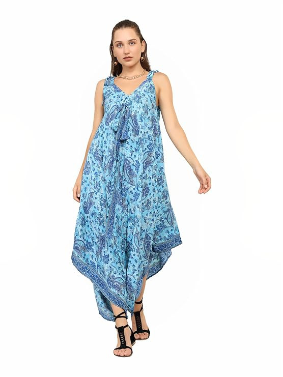 KE Kanha Exports Women's Western Long Jumpsuit – Sleeveless V-Neck, Free Size Flared Tassel Print with Unique Border, Stretchable with Adjustable Drawstring, Perfect for Picnic & Beach (Multicolor)