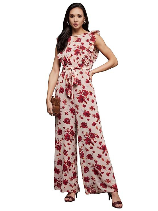 Miss Chase Women's Round Neck Sleeveless Floral Wide Leg Jumpsuit with Pockets