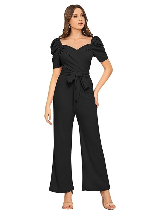 LONDON BELLY Women's Elegant Solid Jumpsuit with Puff Sleeves, Sweetheart Neckline, Belted Waist