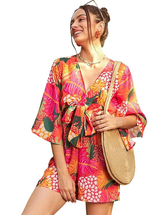 SASSAFRAS Women’s 3/4th Sleeves Floral Front Tie Knot Romper – Resort Wear Playsuit