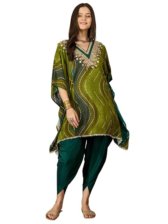 EthnicJunction Women's Viscose Rayon Leheriya Print Kaftan Kurta with Dhoti Pant Set | Wedding | Ethnic Set| Ethnic Co Ord Set for Women