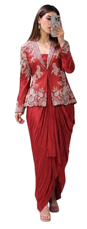 Women's And Girls Indowestern three piece set with embroidery Work Rangoli Silk Fabric Dhoti Blouse Shrug Traditional Indian Ethnic Wear, Wedding Festive Occasion