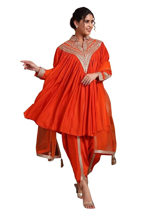 SHOPPING QUEEN Women's Silk Blend Embroidered Kaftan, Dhoti Pant & Dupatta Set
