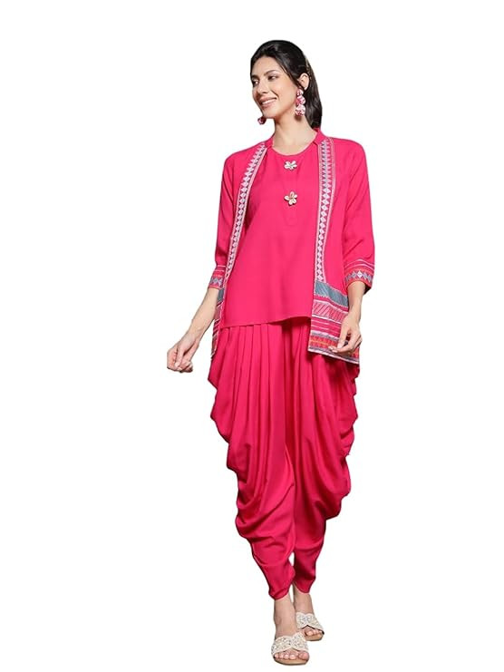 Stylum Women's Solid & Embroidered Cotton A-Line Kurti Dhoti Pant with Jacket