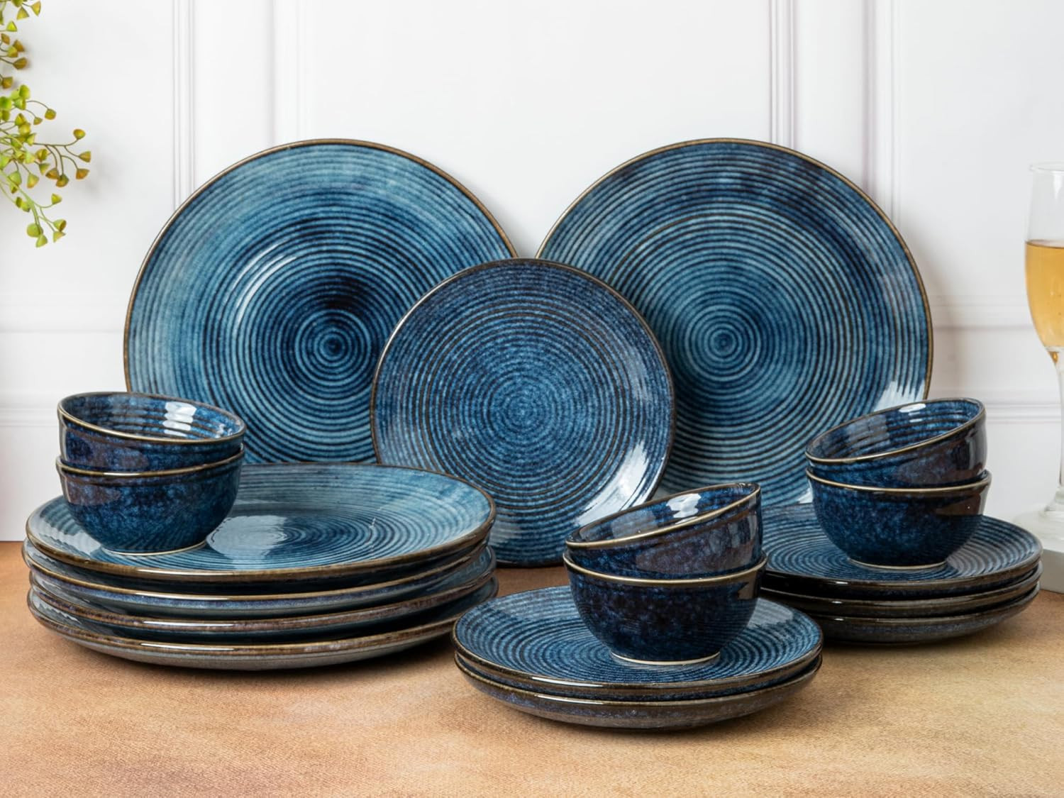 Bodhi House Handcrafted Stoneware Reactive Glaze Ceramic Dinner Set, 18 Pieces Serving for 6, Microwave and Dishwasher Safe, Bone-ash Free, Crockery Set for Dining and Gifting, Reactive Blue