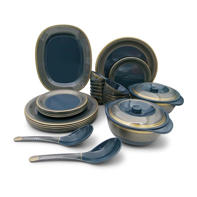 SUPERWARE | Food Grade Melamine | Dinner Set - Golden Glory Navy Blue (31 pcs.) | Dinnerware, Tableware, Stain Free, Glazed