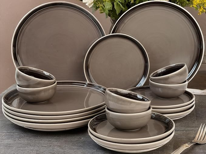 Bodhi House Handcrafted Chip Resistance Porcelain Solid Dinner Set, 18 Pieces Dish Set Serving for 6, Microwave and Dishwasher Safe, Bone-Ash Free, Crockery Set for Dining and Gifting, Smoke Grey