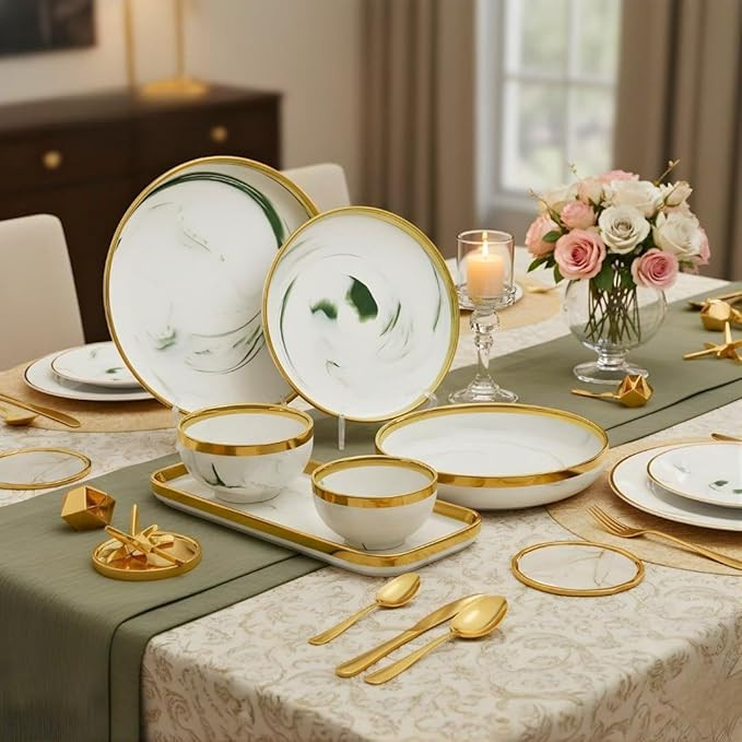 Ceramic Dinner Set of 28 Pieces Elegant Tableware Dinnerware for Personal Use and Gifting (White & Golden) Crockery Set for Dining Table Dining Sets Crockery Items Glossy Finish (LCH-15D)