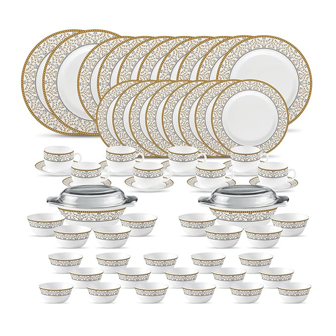 La Opala, Sovrana Collection, Opal Glass Traditional Dinner Set 62 Pcs, Moroccan Gold, White