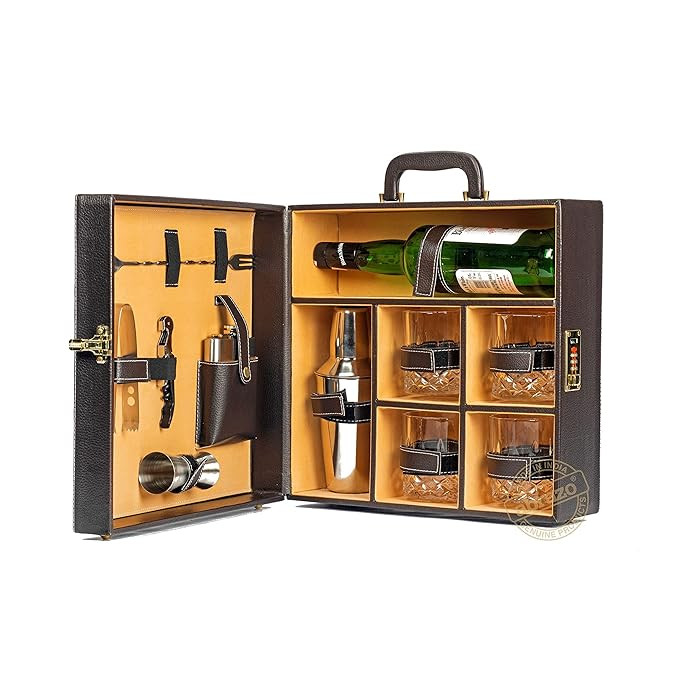 Abrazo Faux Leather Portable Bar Set | Portable Bar Set | Bar Tool Set | Bartender Kit | Brown 4 Glass | Cocktail Shaker | Barset for Picnic | Gifting | Gifting for Men