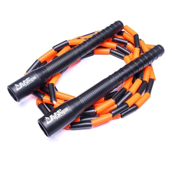 WORLD Beaded Skipping Rope with 8-Inch Long Handles - Adjustable Jumping Rope With Carry Bag for Athletics, Cardio, Tricks and Freestyle Fitness Training (10 FT, Orange-Black)