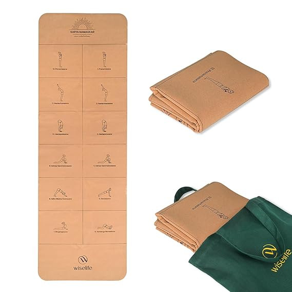 Wiselife Cork Foldable Yoga Mat + Carry Bag | Extra Thick Extra Long Extra Wide Exercise Floor Mat For Gym, Workout, Fitness| TPE Yoga Mat (2mm, Cork Sun Salutation)