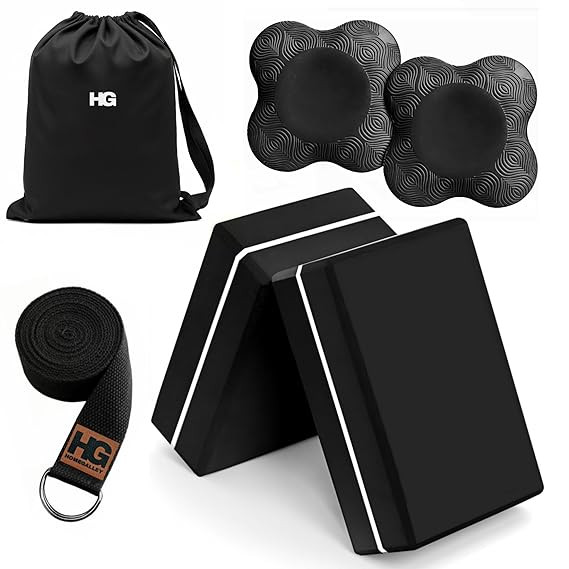 Yoga Blocks Pack of 2 with Belt and 2 Knee Pad for Exercise, Yoga, Pilates & Gym Block Pair to Improve Strength, Balance, Stretching Yoga Bricks Set with Strap for Women and Men, Black