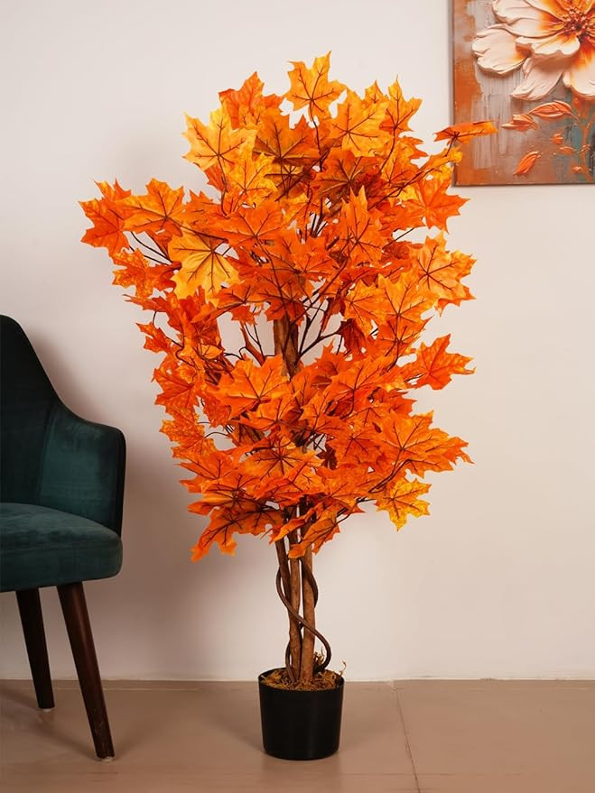 ARICK DECOR 4Ft Artificial Japanese Maple Tree in Pot, Realistic Faux Autumn Orange Maple Plant, Peacock Shaped Floor Decor for Home, Office & Balcony