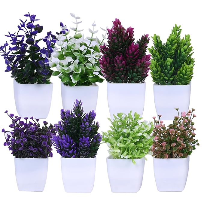 Artificial Plants with Pot|Realistic Looking| Multi Variety |Durable Plastic | No Maintenance | Home Decor | Dimensions: 5 cm X 13 cm (Pack of 8)