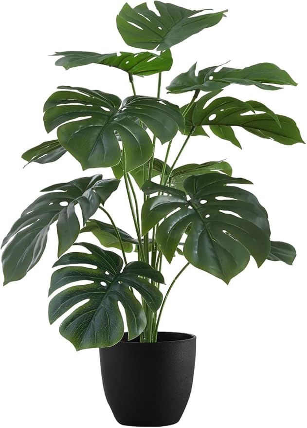 Dekorly Plastic Artificial Palm Plants Leaves Faux Turtle Leaf Fake Monstera Tropical Large Palm Tree Leaves Outdoor Leaf Decorations | 18 Leave Plant | 26Inch Plants | with Blackpot (Green)