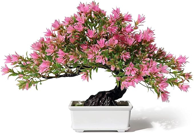 Artificial Bonsai Tree Fake Plants for Home Office Room Wall Book Shelf Decor, Size Tall 8.5"(Pink)