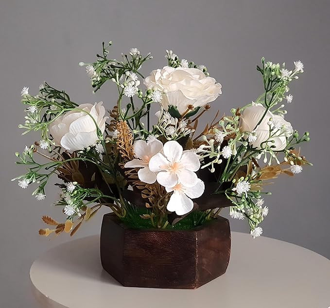 Litleo Wooden Pot with Multi-Design Dry Artificial Flowers, Perfect Home Office Gift, Elegant Décor Delight (White)