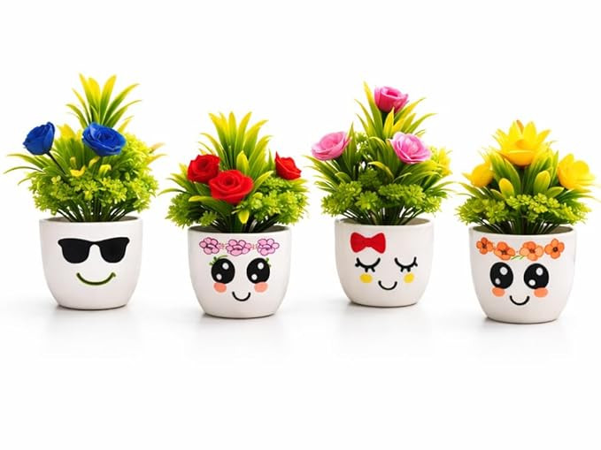 Artificial Mini Potted Plants Set of 4, Cute Face Plastic Pots with Faux Greenery, Small Desk Decor for Home, Office, Study Table & Shelf, Maintenance-Free Indoor Decorative Planters