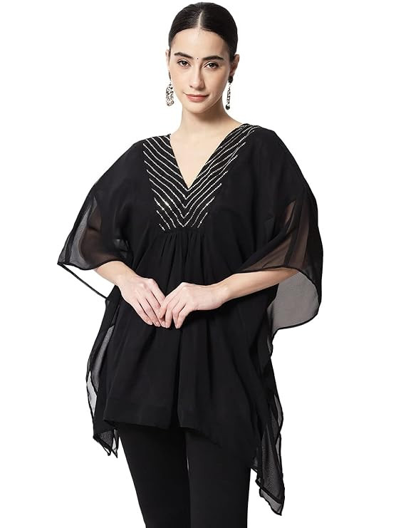 studio rasa Women's Georgette Sequin Embroidered Yoke Kaftan for Festive Wedding Party