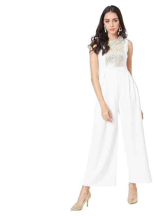 Miss Chase Women's Halter Neck Sleeveless Solid Wide Leg Sequin Paneled Regular Length Jumpsuit