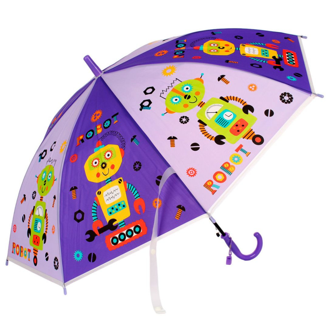 Kids Robot Print Umbrella – Purple | Lightweight Manual Open Umbrella for Boys & Girls (3-8 Years)