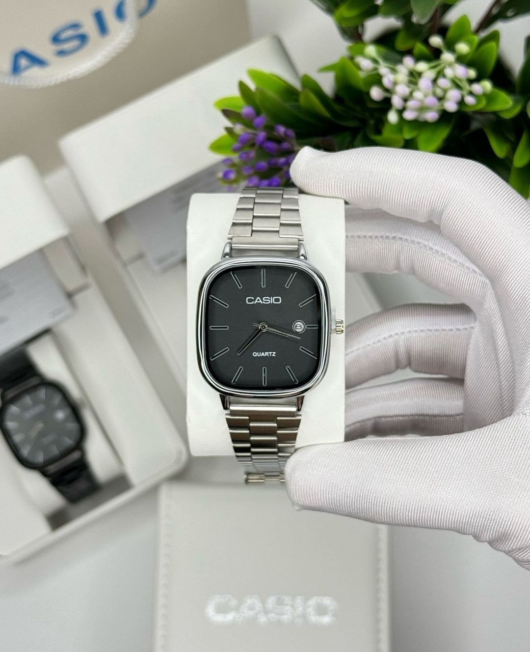 Casio Men's/Women's Square Dial Quartz Watch | Silver Stainless Steel | Black Dial